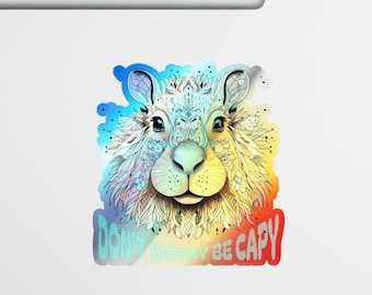 Capibara-sticker, holografisch regenboogontwerp, maak je geen zorgen, laptopsticker dieren, grappige vinylsticker