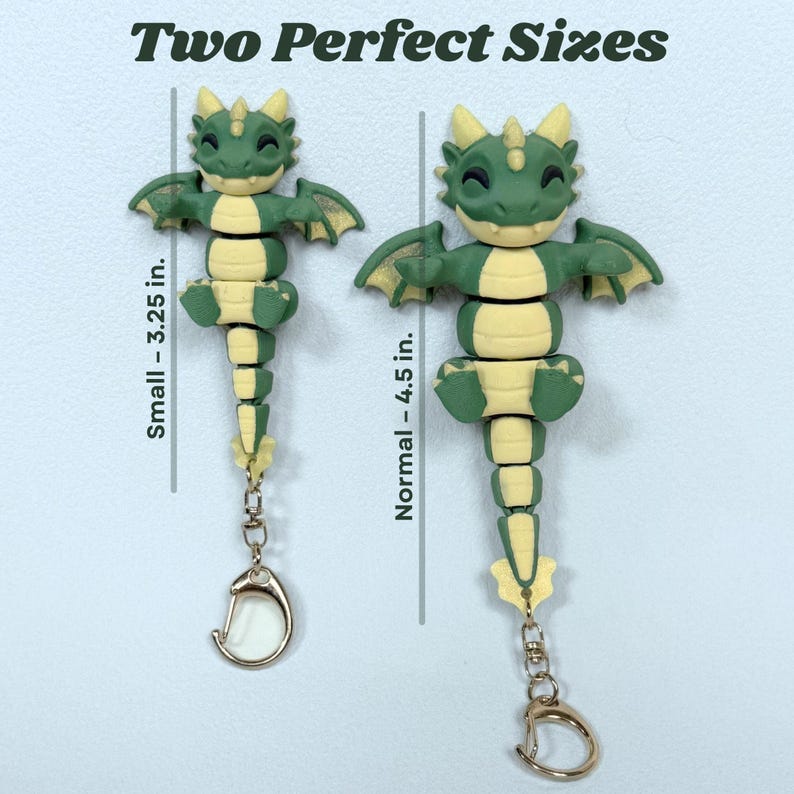 May include: Two dragon keychains in green and yellow, one 3.25 inches and the other 4.5 inches. The keychains have a gold-colored clasp. The text "Two Perfect Sizes" is at the top.