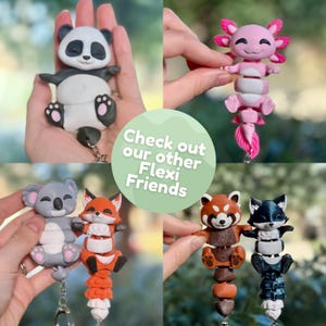 Shop collection of 3D printed flexi articulated keychains — panda, axolotl, koala and fox, red panda and raccoon — Minno magnetic paws animal bag charm variety, check out other Flexi Friends
