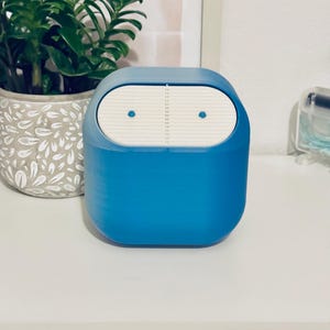 Può includere: Un contenitore in ceramica blu e bianco con forma rettangolare arrotondata. Il contenitore ha un coperchio bianco con due piccoli fori.