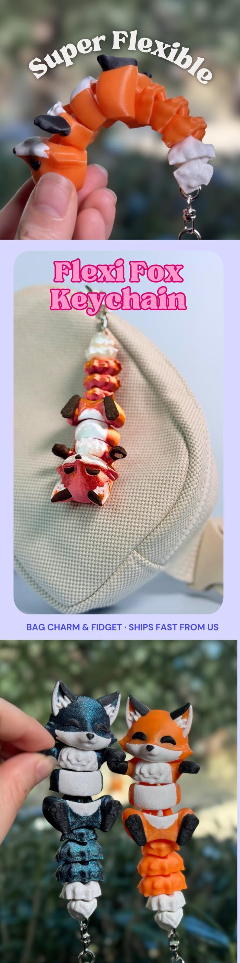 Op de afbeelding: Een Flexi Fox sleutelhanger, een tashanger en een fidget-speeltje. De sleutelhanger heeft een reeks oranje, witte en zwarte vosfiguren. De tekst "Flexi Fox Keychain" is roze. De sleutelhanger is bevestigd aan een zilverkleurige metalen ring.
