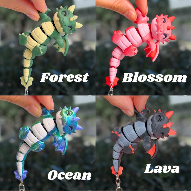 May include: Four articulated dragon figurines in different colors: green and yellow "Forest", pink "Blossom", blue and white "Ocean", and gray and red "Lava". Each dragon is held by a hand and has a keychain attachment. The names of the dragons are written below them.