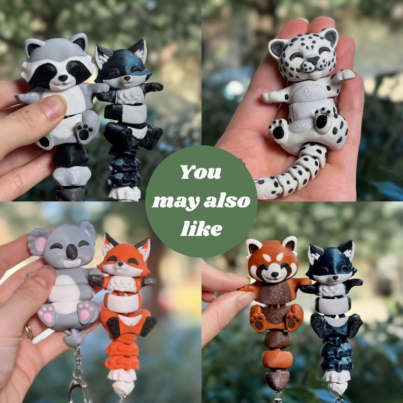 Four-panel You May Also Like collage of 3D printed articulated flexi animal keychain pairs. Top left: Raccoon and Galaxy Fox. Top right: Leopard in a palm. Bottom left: Koala and Classic Orange Fox. Bottom right: Red Panda with Raccoon and Galaxy Fox. 3D printed animal keychain fox raccoon leopard red panda koala articulated fidget bag charm cute animal gift