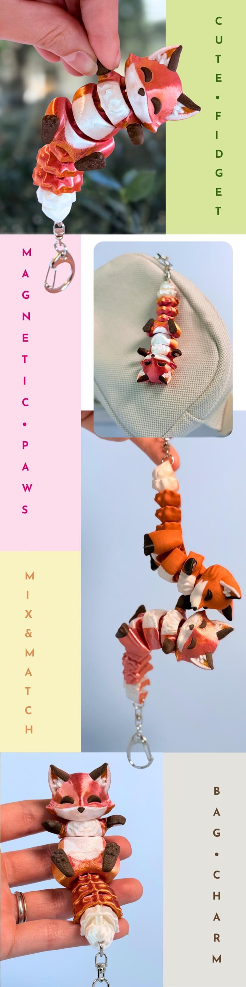 Op de afbeelding: Een fidget-speeltje in de vorm van een vos met een sleutelhanger. De vos is oranje, wit en bruin, met een gesegmenteerd lichaam. De tekst "CUTE &bull; FIDGET" en "MAGNETIC &bull; PAWS" is ook zichtbaar.