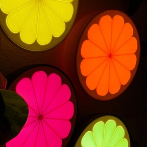 A close-up of four glowing citrus slice lamps — lemon, orange, grapefruit, and lime — clustered on a dark wall, showing the ribbed, petal-like detail of each 3D printed fruit light. The warm LED glow highlights the handmade texture, making a colorful ambient display and wall-art set for a bedroom, dorm, kitchen, or cozy corner.