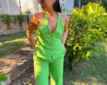 Green Vest Pants Two Piece Set  | Elastic Waist Trousers | Low Back Vest | Cotton Blend Trouser Set | 2-Piece Set