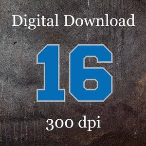 May include: Digital download of a blue and white number 16 on a dark grey textured background. The text "300 dpi" is below the number.