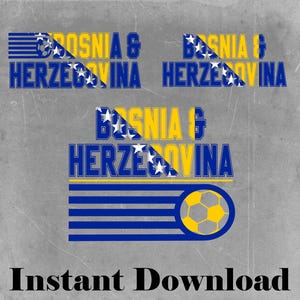 Könnte beinhalten: Drei grafische Designs mit dem Text BOSNIA & HERZEGOVINA in Blau und Gelb. Die Motive enthalten weiße Sterne und einen gelb-blauen Fußball mit horizontalen Linien, dargestellt auf einem strukturierten grauen Hintergrund.