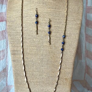 Unique, upcycled, vintage brass, earrings and necklace set, navy blue glass beads