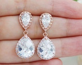 Wedding Jewelry Bridal Earrings Bridesmaid Gift Bridal Jewelry LUX Rose Gold clear white cubic zirconia Crystal tear drop Wedding Earrings