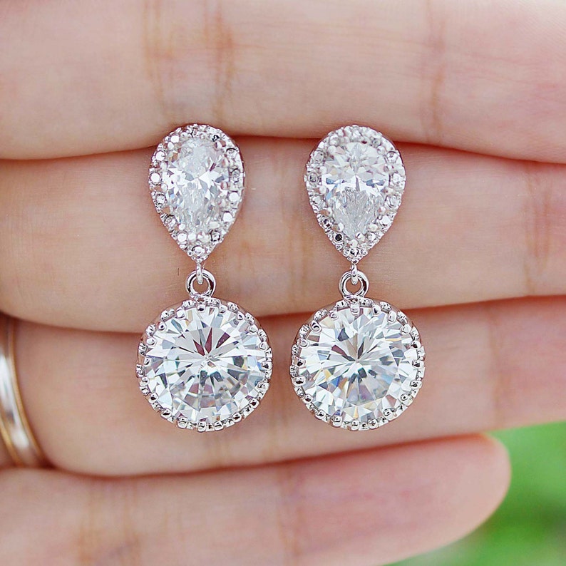Bridal Earrings Round Cubic Zirconia Drop Earrings Dangle Etsy