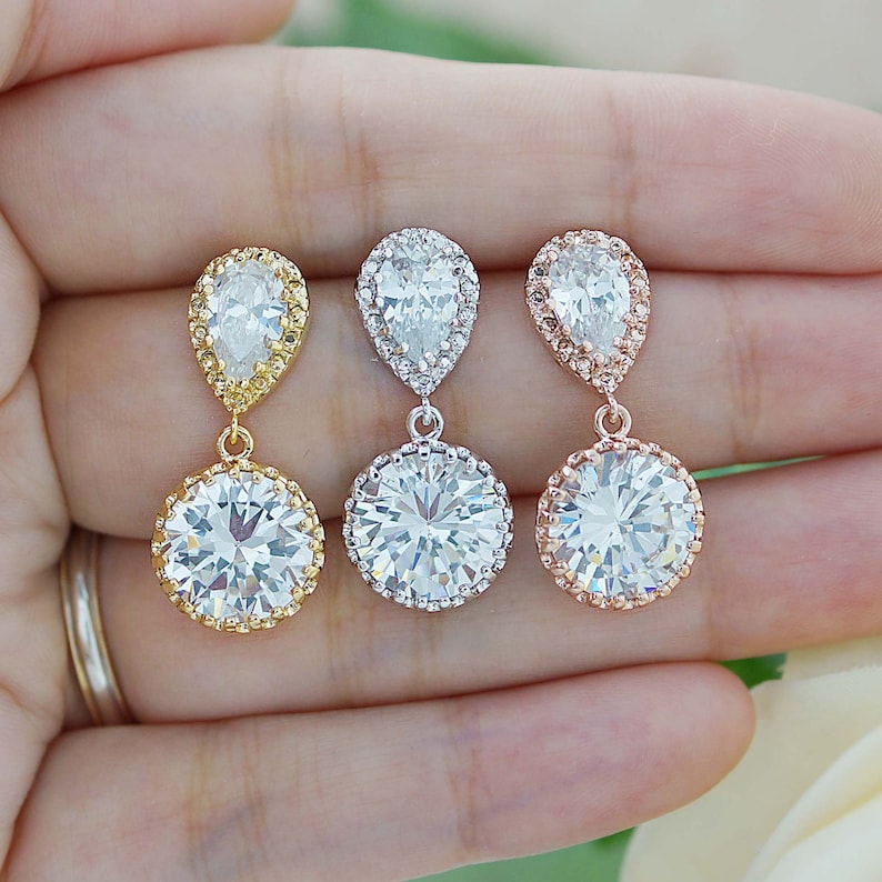 Bridal Earrings Round Cubic Zirconia Drop Earrings Dangle Etsy