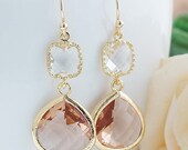 Wedding Jewelry Bridesmaid Earrings Dangle Earrings Gold Framed clear white and peach glass drop Earrings