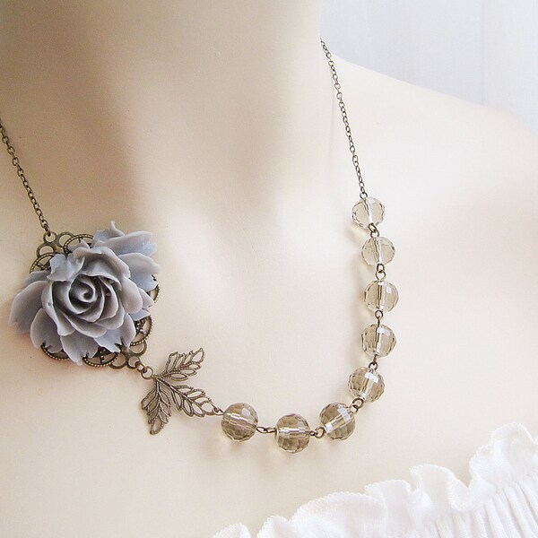 Gray Rose Flower Cabochon, Antique Brass leaf charm and gray crystal glass beads Necklace