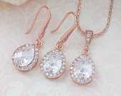 Rose Gold Lux Cubic Zirconia Bridal Jewelry Set Wedding Jewelry Bridal Earrings Dangle Earrings Bridal Necklace Jewelry set Bridesmaid gift