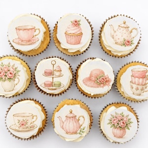 May include: Ten cupcakes arranged in a circular pattern, each topped with a circular edible topper featuring watercolor illustrations of tea sets, floral bouquets, a tiered dessert stand, a cupcake, and a sun hat in shades of pink and cream.