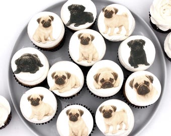 Pug Cupcake Toppers – Edible Paper Designs, Dog Party Cupcake Decorations