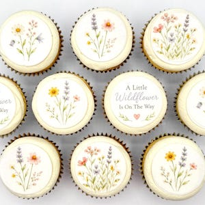 Ätbara cupcake-/kak-/dryckstoppare, vildblommig babyshower-waferpapper (10 st)