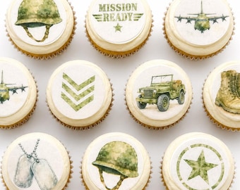 Militaire (12 stuks) eetbare cupcake-/koekjes-/dranktoppers, aquarel leger eetbaar wafelpapier