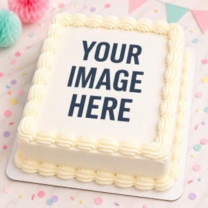 May include: A rectangular white cake with smooth frosting on top and decorative piped frosting borders along the edges. The center of the cake features the dark blue text "YOUR IMAGE HERE" printed clearly on the flat white surface.
