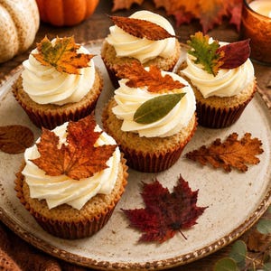 May include: Five cupcakes with light brown cake bases in dark brown paper liners, topped with swirls of white frosting and decorated with various dried autumn leaves in shades of orange, red, yellow, and green on a speckled ceramic plate.