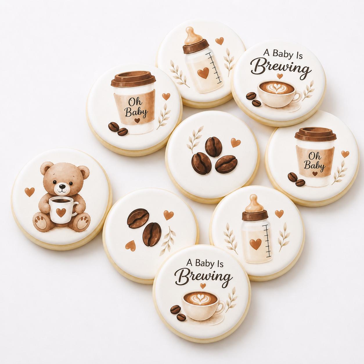 Baby Is Brewing Baby Shower Cookies, Coffee Theme Sugar Cookies, Teddy Bear Baby Shower Cookies, Royal Icing Cookies, Wafer Paper Design