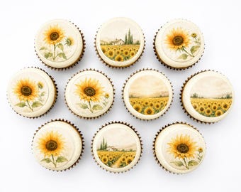 Sunflower Fields Cupcake Toppers, Edible Sunflower Birthday Decorations