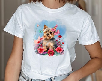 Yorkie Flower Butterfly Shirt, Cute Dog Shirt, Floral Shirt, Dog Lover Shirt, Gift for Her, Mom Shirt, Birthday Gift, Nature Botanical Shirt