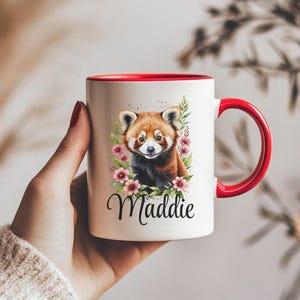 Personalized Red Panda Flower Accent Mug, Nature Lovers Coffee Cup, Custom Name Mug Gift, Customized Animal Pet Cup, Floral Boho Design