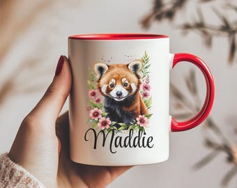 Tazza personalizzata con motivo floreale a forma di panda rosso, tazza da caffè per amanti della natura, tazza regalo con nome personalizzato, tazza personalizzata con animale domestico, design floreale boho