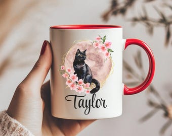 Taza personalizada con diseño de gato negro, luna y flor, para amantes de los gatos, con nombre personalizado, diseño floral bohemio.
