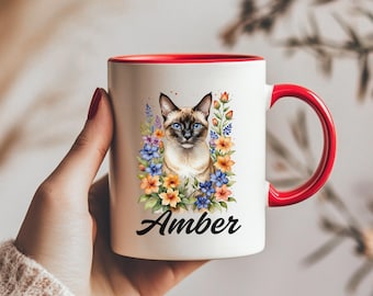 Tazza personalizzata con motivo floreale a forma di gatto siamese, tazza da caffè per amanti della natura, tazza regalo con nome personalizzato, tazza personalizzata con animale domestico, design floreale boho
