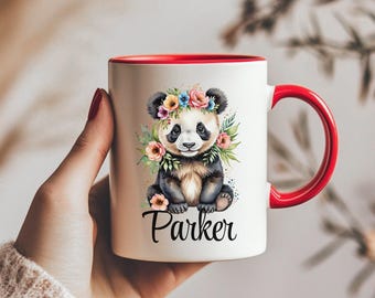 Personalized Panda Cub Flower Accent Mug, Nature Lovers Coffee Tea Cup, Custom Name Mug Gift, Customized Baby Animal Cup, Floral Boho Design