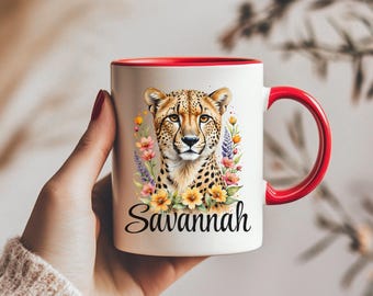 Tazza personalizzata con motivo floreale a ghepardo, tazza da caffè per amanti della natura, tazza regalo con nome personalizzato, tazza personalizzata con animale domestico, design floreale boho