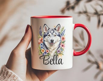 Tazza personalizzata con il nome del cane Siberian Husky, per amanti della natura e dei fiori, per caffè e tè, regalo con tazza personalizzata con nome del tuo animale domestico, design floreale boho.