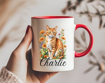 Tazza in ceramica personalizzata con fiore di gatto arancione, tazza da caffè per amanti degli animali, tazza regalo con nome personalizzato per animali domestici, tazza con estetica floreale boho