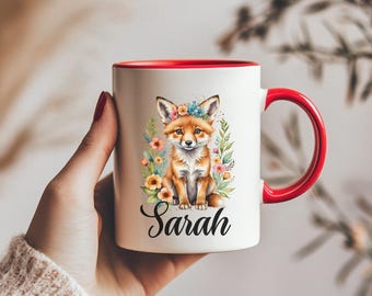 Taza personalizada con diseño de zorro y flores, ideal para amantes de la naturaleza, con nombre personalizado, diseño floral bohemio.