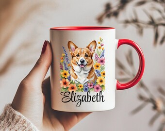 Tazza in ceramica personalizzata con motivo a fiori raffigurante il cane Welsh Corgi Pembroke, per amanti degli animali, tazza con nome personalizzato per animali domestici, tazza da caffè con estetica floreale boho.