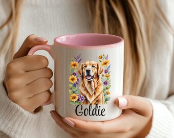 Tazza in ceramica personalizzata con motivo a fiori raffigurante un Golden Retriever, tazza da caffè per amanti degli animali, tazza regalo con nome personalizzato per animali domestici, tazza con estetica floreale boho.