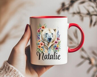 Tazza in ceramica personalizzata con orso polare e fiore, tazza da caffè per amanti degli animali, tazza regalo con nome personalizzato, tazza con estetica floreale boho, regalo di compleanno