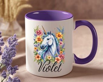 Tazza in ceramica personalizzata con unicorno e fiore, tazza da caffè e tè per amanti degli animali, tazza regalo con nome personalizzato, tazza mistica con estetica floreale boho.