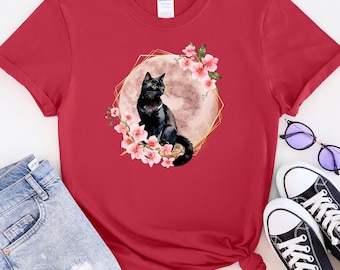 Maglietta morbida con motivo gatto nero e fiori di ciliegio, maglietta per mamma gatta, maglietta floreale con gatto, per amanti dei gatti, regalo per lei, maglietta per amanti degli animali, maglietta a fiori