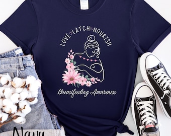Maglietta Love Latch Nourish per la sensibilizzazione sull'allattamento al seno, maglietta di supporto per consulenti per l'allattamento, maglietta per infermiere della terapia intensiva neonatale, maglietta per la settimana mondiale dell'allattamento al seno