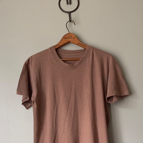 1980s Tan Blank Military Tee / vintage 80's plain basic brown single stitch t shirt medium