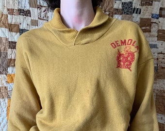 1950s DeMolay International  Shawl Collar Sweatshirt / vintage 50’s champion running man pullover sweat sweater mustard yellow velvet print