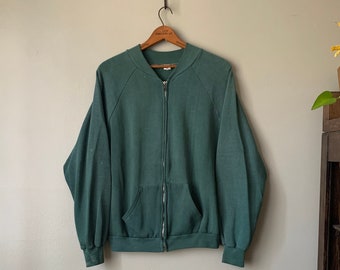 1960s Forest Green Zip Up Sweatshirt / vintage 60's Full Zipper Raglan Jacket Sweater Medium Large