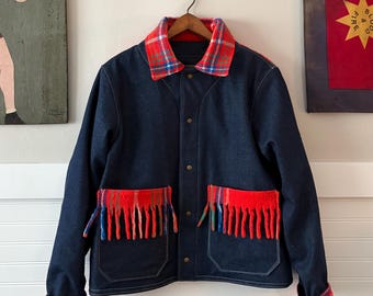 Manitou Handmade • Blanket Lined Dark Wash Denim Chore Jacket with tassels Small / denim barn coat red plaid vintage blanket lining