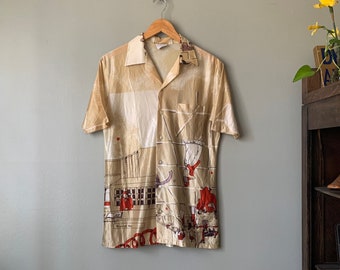 1970s Disco Novelty Button Up Shirt / vintage 70's shiny satin medium large