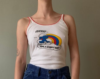 1982 Smurfs Tank Top / vintage 80’s 1980s The Smurfs have a smurfey day rainbow cloud graphic summer shirt size medium