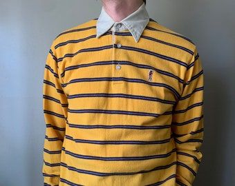 1980s McGregor Bagpiper Yellow and Blue Striped Polo / vintage 80’s preppy rugby stripes collard long sleeve knit shirt medium